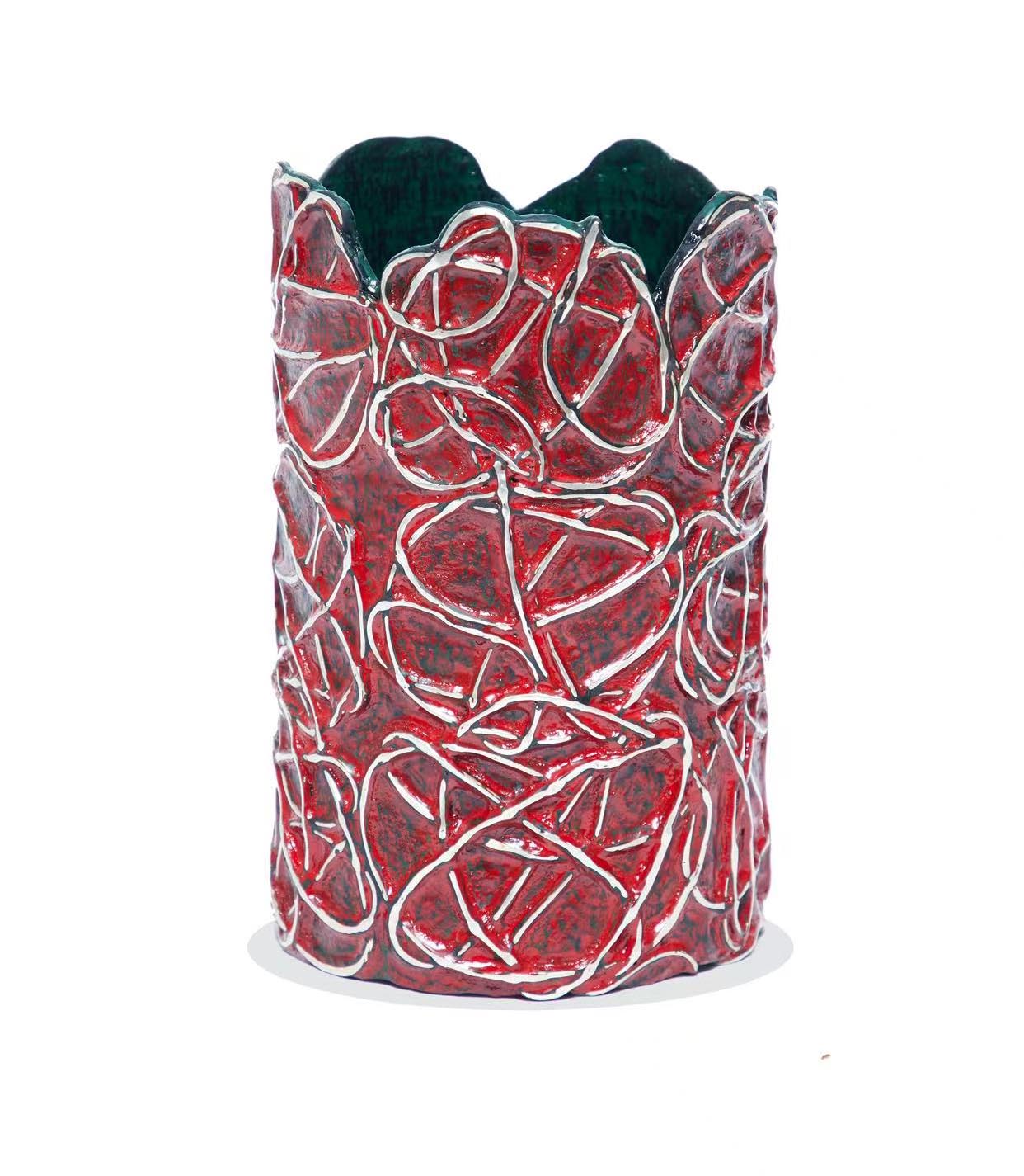 Patterned Cloth - Red Ground with Green Flowers